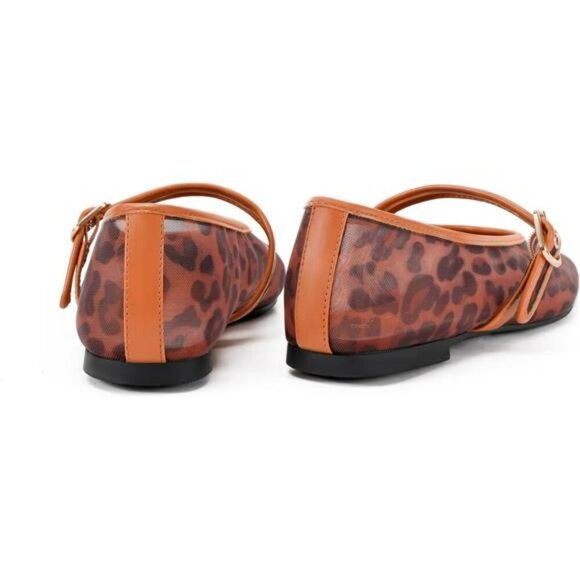 Leopard Mesh Ballet Flats Square Toe Mary Jane Buckle Dress Shoes Women - Picture 6 of 7